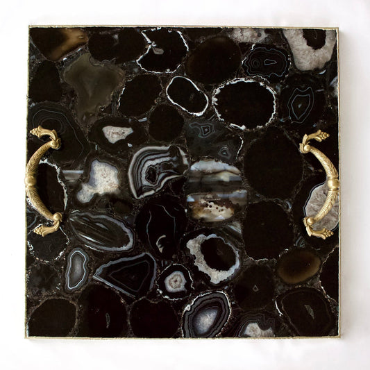 Black Agate Serving Tray With Brass Handles | Square