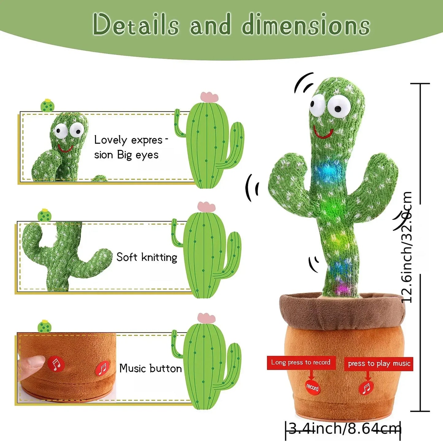 NNEOBA Rechargeable Dancing Cactus Plush Toy for Kids